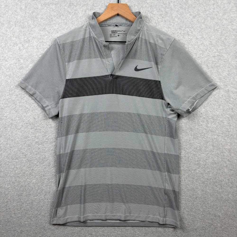 Nike Shirt Mens Small Gray Fly Swing Knit Stripe Alpha Polo Dri Fit Blade Collar